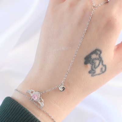 316L Çelik Gümüş Renk Pembe Zirkon Taşlı Kanatlı Kalp Model Şahmeran