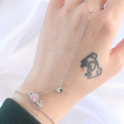 316L Çelik Gümüş Renk Pembe Zirkon Taşlı Kanatlı Kalp Model Şahmeran