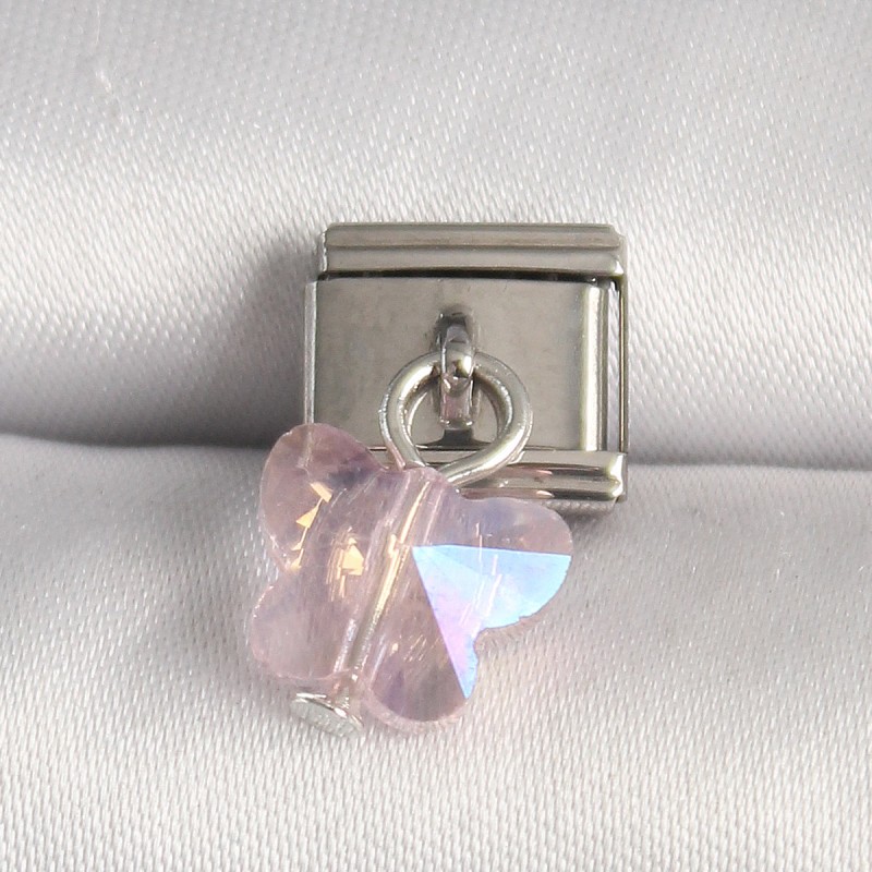 316L Çelik Gümüş Renk Pembe Zirkon Taşlı Kelebek Model Nomination Charm