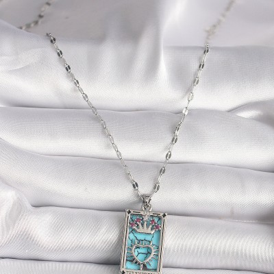 316L Çelik Gümüş Renk Pembe Zirkon Taşlı Taç Kalp Portre Model Kadın Kole