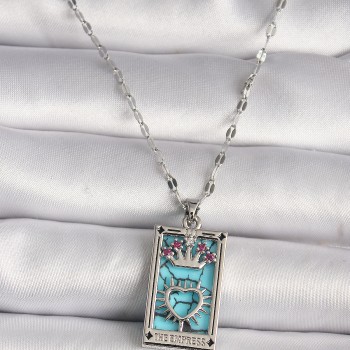 316L Çelik Gümüş Renk Pembe Zirkon Taşlı Taç Kalp Portre Model Kadın Kole