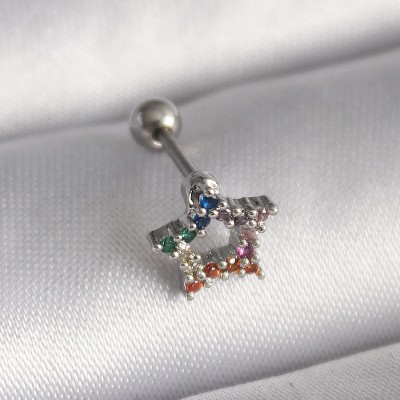 316L Çelik Gümüş Renk Renkli Zirkon Taşlı Yıldız Model Tragus Piercing