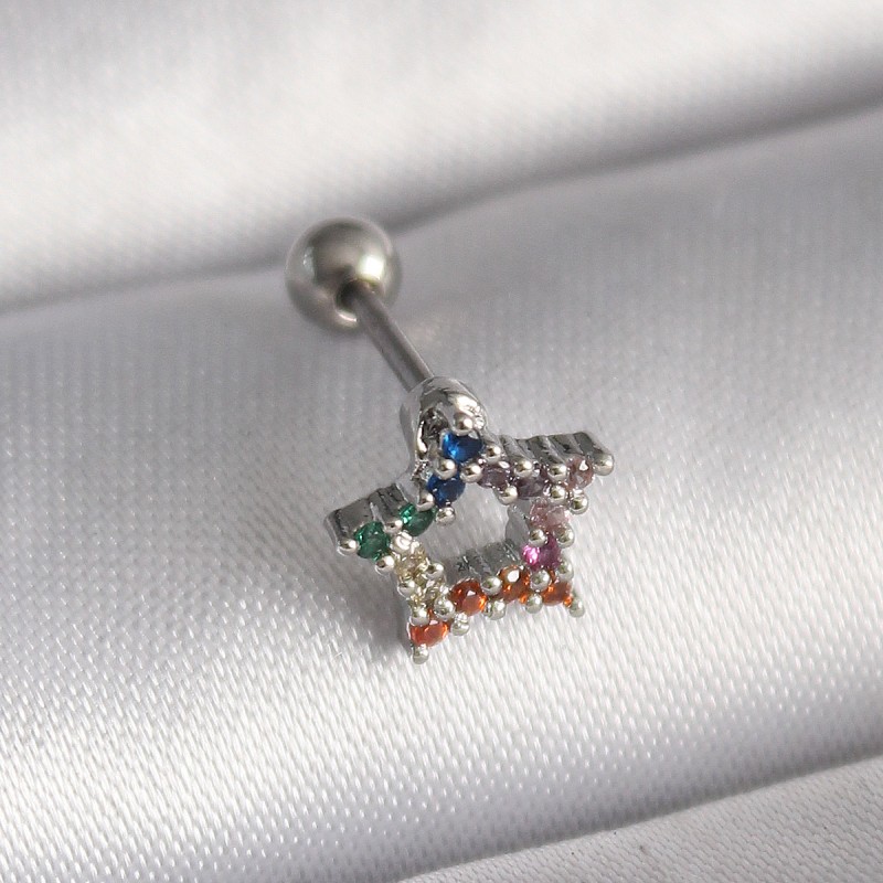 316L Çelik Gümüş Renk Renkli Zirkon Taşlı Yıldız Model Tragus Piercing