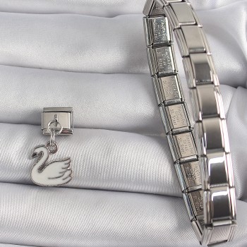 316L Çelik Gümüş Renk Sallantı Beyaz Kuğu Model Nomination Charm