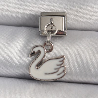 316L Çelik Gümüş Renk Sallantı Beyaz Kuğu Model Nomination Charm