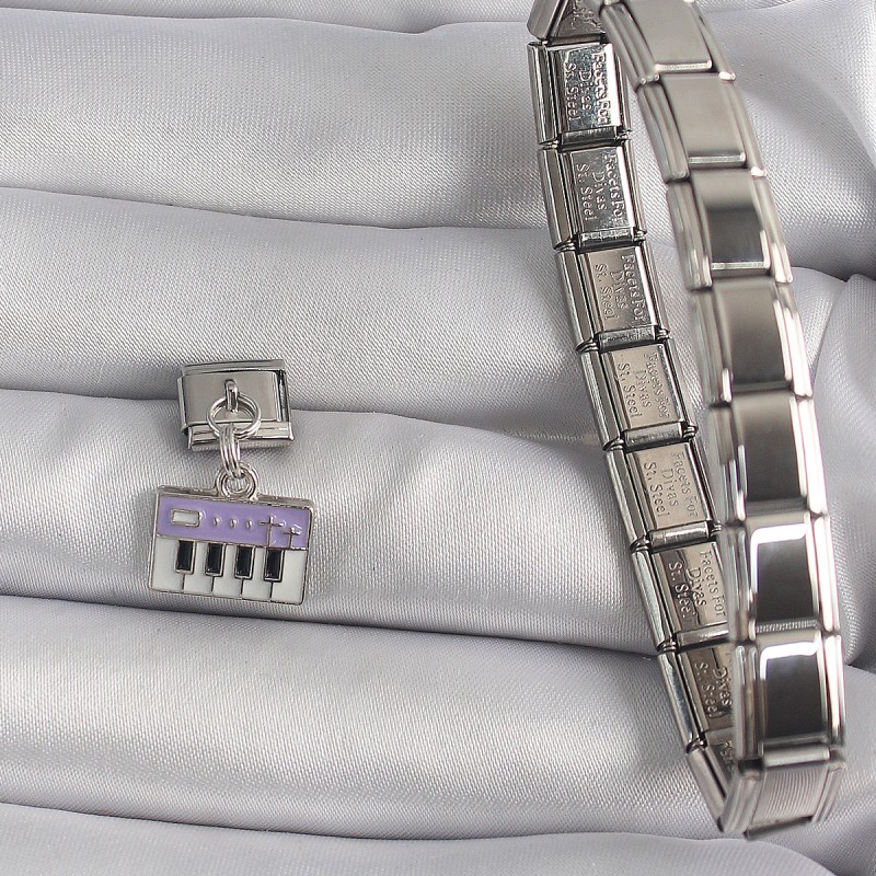 316L Çelik Gümüş Renk Sallantı Mor Piyano Figür Nomination Charm
