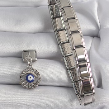 316L Çelik Gümüş Renk Sallantı Zirkon Taşlı Göz Model Nazar Boncuk Detay Nomination Charm
