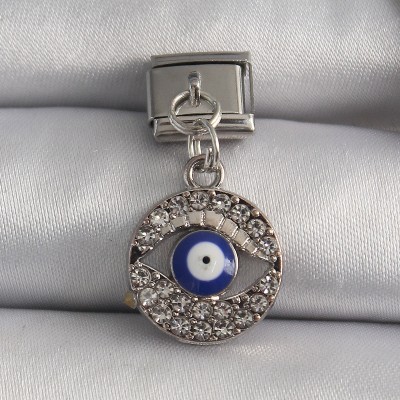 316L Çelik Gümüş Renk Sallantı Zirkon Taşlı Göz Model Nazar Boncuk Detay Nomination Charm