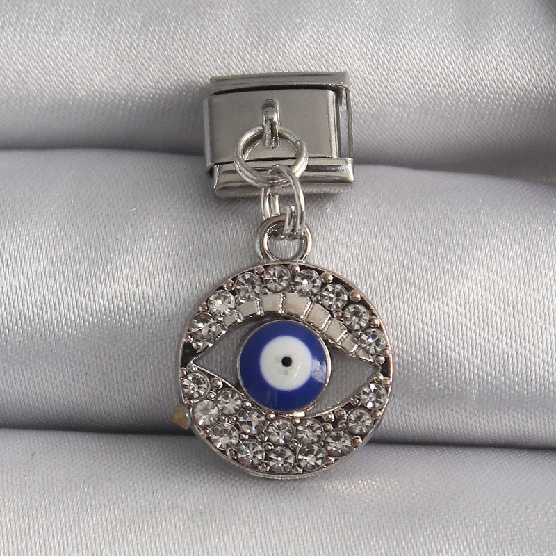 316L Çelik Gümüş Renk Sallantı Zirkon Taşlı Göz Model Nazar Boncuk Detay Nomination Charm