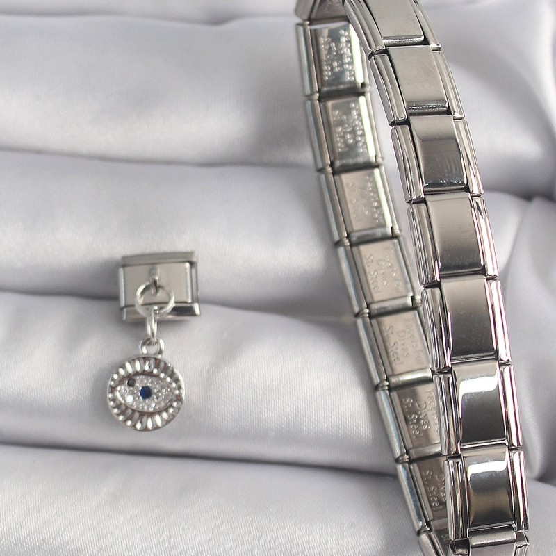 316L Çelik Gümüş Renk Sallantı Zirkon Taşlı Göz Model Nomination Charm