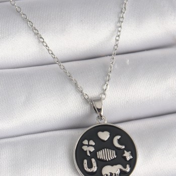 316L Çelik Gümüş Renk Siyah Şans Kolyesi