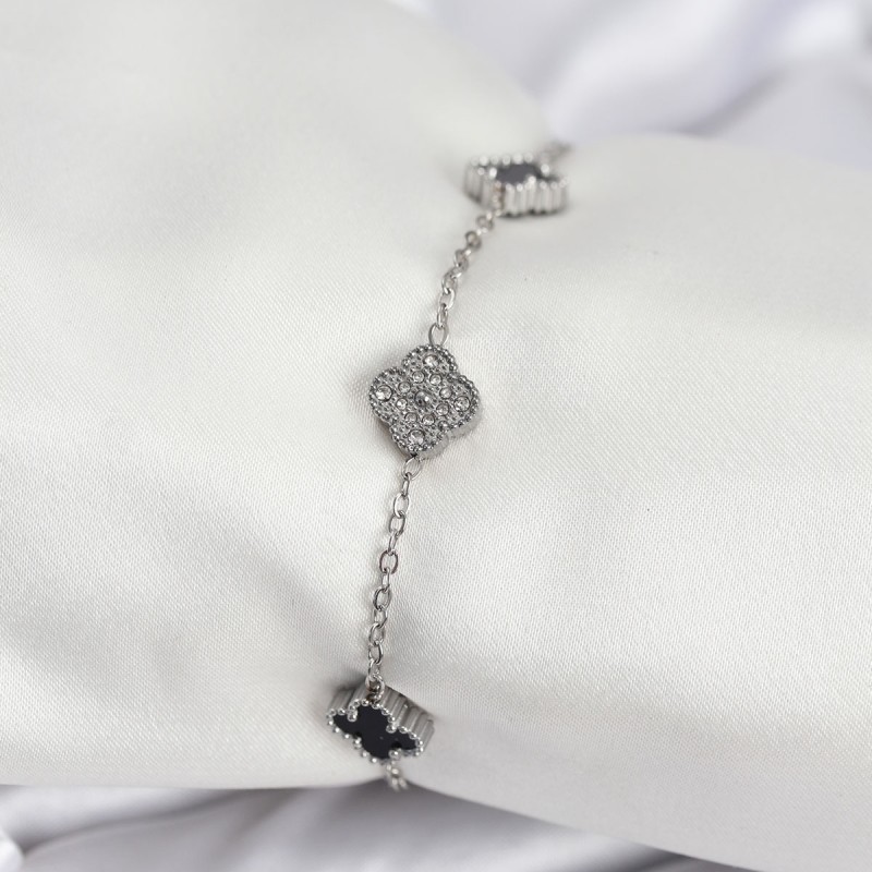 316L Çelik Gümüş Renk Siyah ve Zirkon Taşlı Baby Boy Yonca Kadın Bileklik