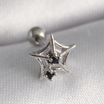 316L Çelik Gümüş Renk Siyah Zirkon Taş Detay Örümcek Ağ Model Tragus Piercing