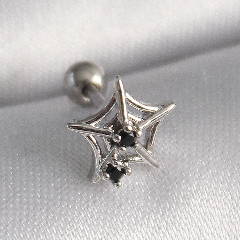 316L Çelik Gümüş Renk Siyah Zirkon Taş Detay Örümcek Ağ Model Tragus Piercing