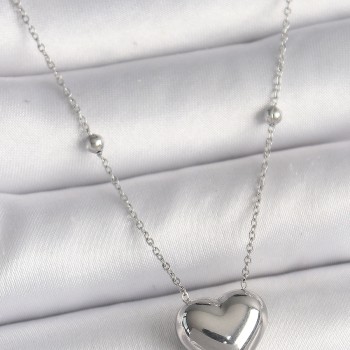 316L Çelik Gümüş Renk Topçuk Detay Zincir Kalp Model Kadın Kolye