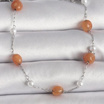 316L Çelik Gümüş Renk Turuncu Doğaltaş Model İnci Detay Kadın Bileklik