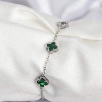 316L Çelik Gümüş Renk Yeşil Baby Boy Yonca Kadın Bileklik