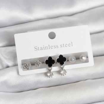 316L Çelik Gümüş Renk Yonca Detaylı Kadın Küpe Seti