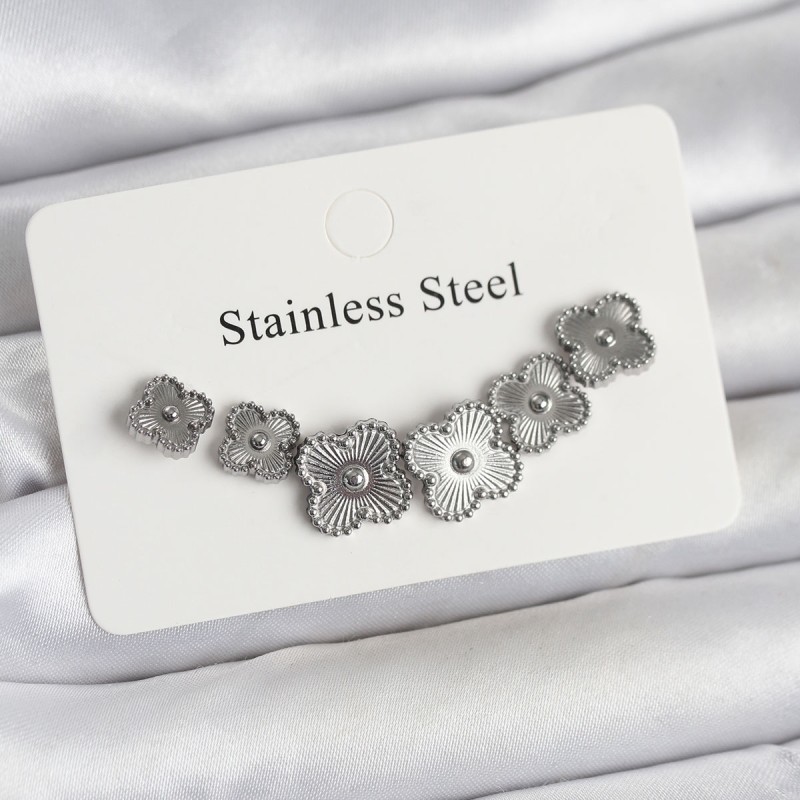 316L Çelik Gümüş Renk Yonca Küpe Seti