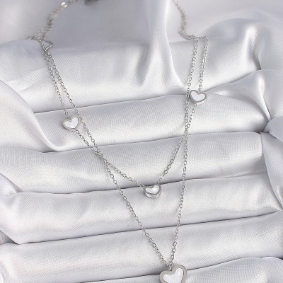 316L Çelik Gümüş Renk Zincir 2'Li Zincir Kalp Model Kadın Kolye