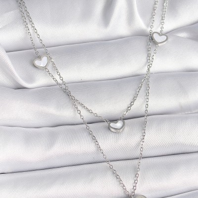 316L Çelik Gümüş Renk Zincir 2'Li Zincir Kalp Model Kadın Kolye