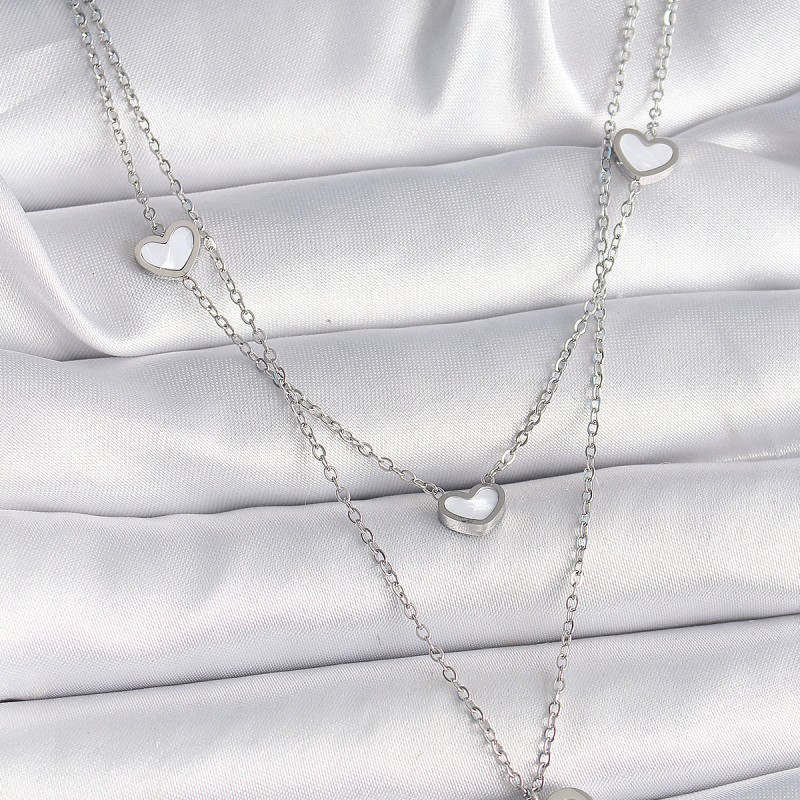 316L Çelik Gümüş Renk Zincir 2'Li Zincir Kalp Model Kadın Kolye