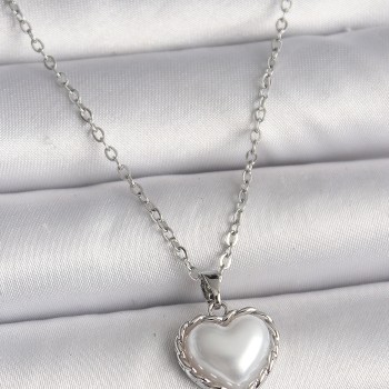 316L Çelik Gümüş Renk Zincir 3D İnci Kalp Model Kadın Kolye
