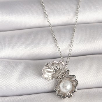 316L Çelik Gümüş Renk Zincir Açılır İncili Midye Model Kadın Kolye