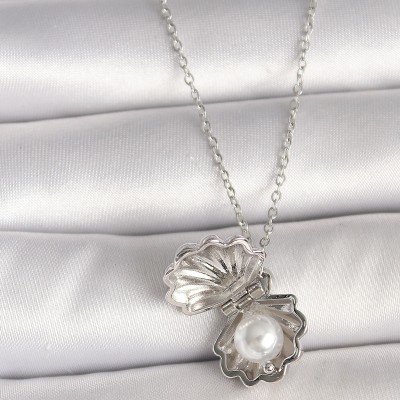 316L Çelik Gümüş Renk Zincir Açılır İncili Midye Model Kadın Kolye