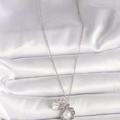 316L Çelik Gümüş Renk Zincir Açılır İncili Midye Model Kadın Kolye