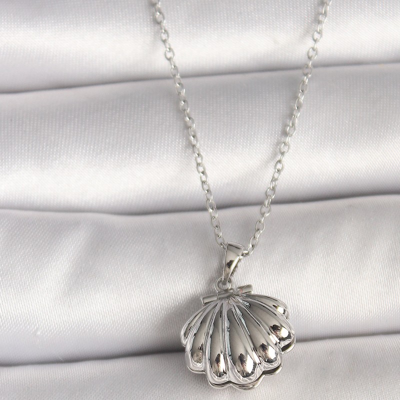 316L Çelik Gümüş Renk Zincir Açılır İncili Midye Model Kadın Kolye