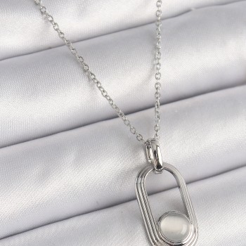 316L Çelik Gümüş Renk Zincir Beyaz Kedi Göz Model Kadın Kolye