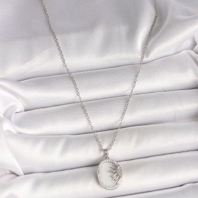 316L Çelik Gümüş Renk Zincir Beyaz Mineli Gün Batımı Model Zirkon Taş Detaylı Kadın Kolye