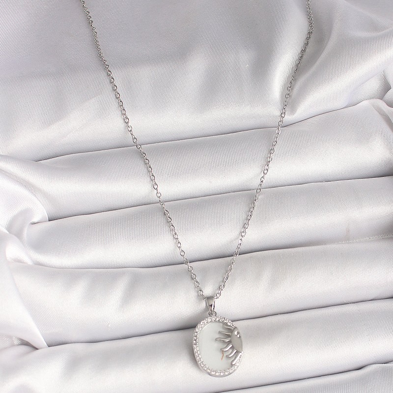 316L Çelik Gümüş Renk Zincir Beyaz Mineli Gün Batımı Model Zirkon Taş Detaylı Kadın Kolye