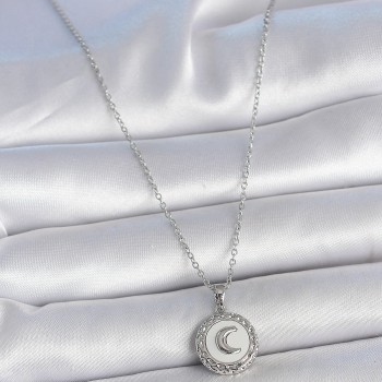 316L Çelik Gümüş Renk Zincir Beyaz Mineli Hilal İşlemeli Madalyon Model Kadın Kolye