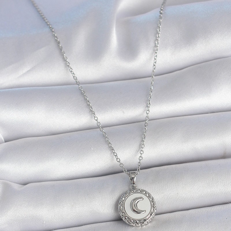 316L Çelik Gümüş Renk Zincir Beyaz Mineli Hilal İşlemeli Madalyon Model Kadın Kolye