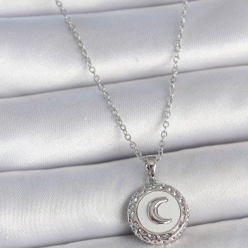 316L Çelik Gümüş Renk Zincir Beyaz Mineli Hilal İşlemeli Madalyon Model Kadın Kolye