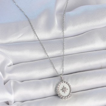 316L Çelik Gümüş Renk Zincir Beyaz Mineli Kutup Yıldız İşlemeli Madalyon Model Kadın Kolye