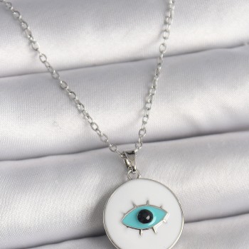 316L Çelik Gümüş Renk Zincir Beyaz Mineli Turkuaz Göz İşleme Model Kadın Kolye