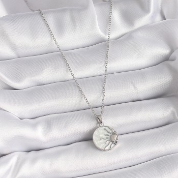 316L Çelik Gümüş Renk Zincir Beyaz Sedefli Gün Batımı Model Kadın Kolye