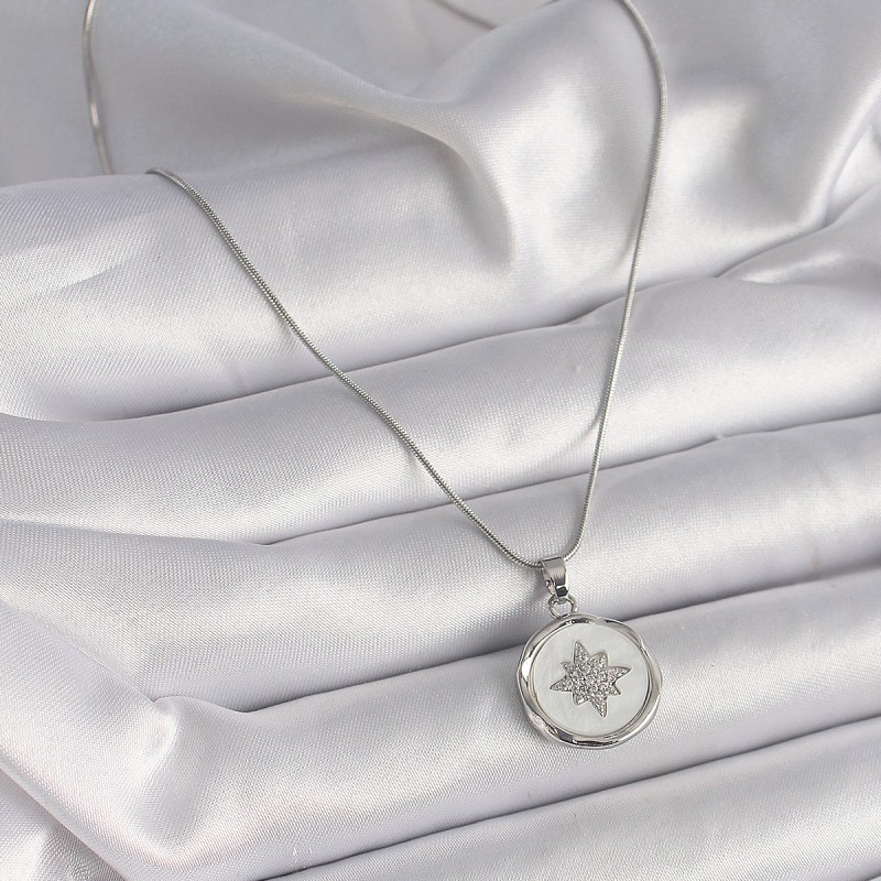 316L Çelik Gümüş Renk Zincir Beyaz Sedefli Zirkon Taşlı Yıldız İşleme Model Kadın Kolye