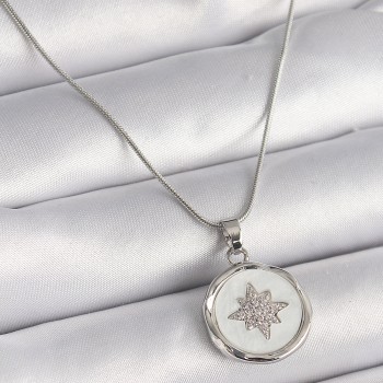 316L Çelik Gümüş Renk Zincir Beyaz Sedefli Zirkon Taşlı Yıldız İşleme Model Kadın Kolye