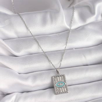 316L Çelik Gümüş Renk Zincir Göz İşlemeli Madalyon Model Kadın Kolye