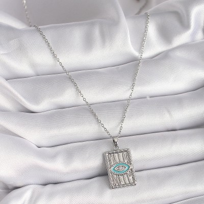 316L Çelik Gümüş Renk Zincir Göz İşlemeli Madalyon Model Kadın Kolye