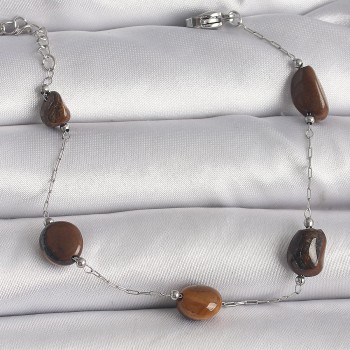 316L Çelik Gümüş Renk Zincir Kahverengi Doğaltaş Model Kadın Bileklik