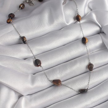 316L Çelik Gümüş Renk Zincir Kahverengi Doğaltaş Model Kadın Kolye