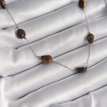 316L Çelik Gümüş Renk Zincir Kahverengi Doğaltaş Model Kadın Kolye