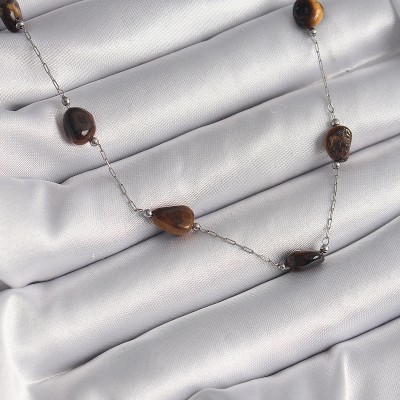 316L Çelik Gümüş Renk Zincir Kahverengi Doğaltaş Model Kadın Kolye