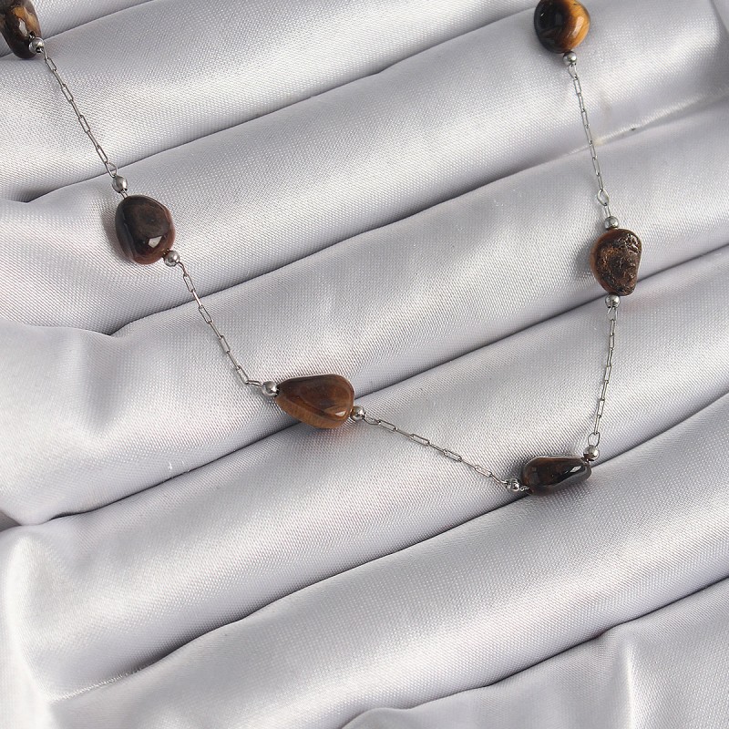 316L Çelik Gümüş Renk Zincir Kahverengi Doğaltaş Model Kadın Kolye