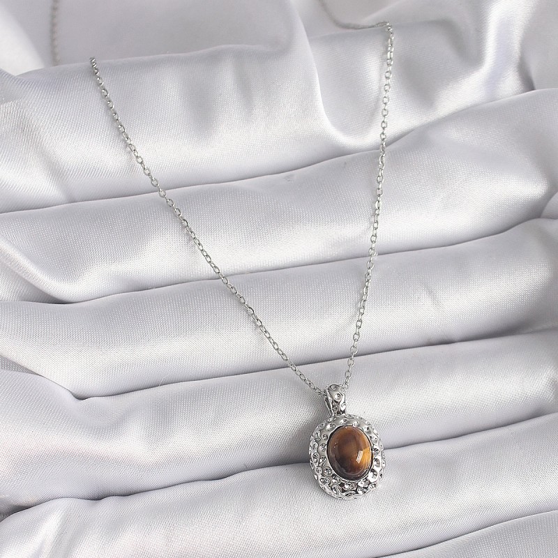 316L Çelik Gümüş Renk Zincir Kehribar Boncuk Model Kadın Kolye